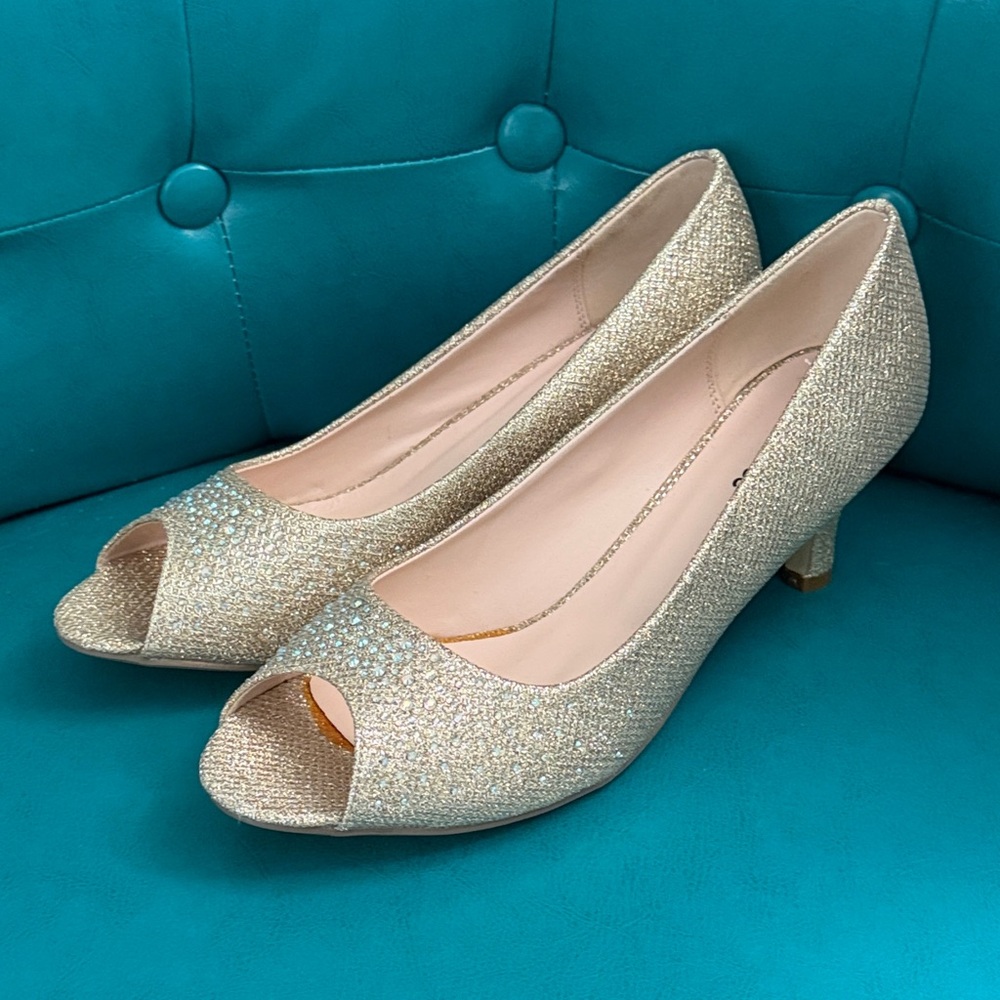 Bonnibel - Gold Sparkle Open Toe Heels - 8.5